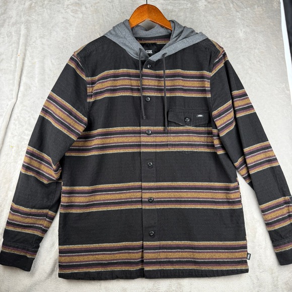 Vans Other - Vans Mens Large Hooded Flannel Shirt Black Gold Burgundy Striped Button Up L